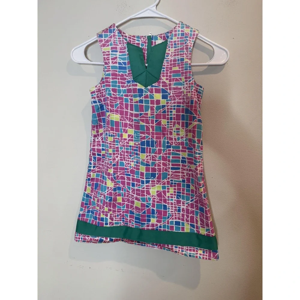 Vineyard Vines Dress Girls 6 Pink Geometric Print‎ Sleeveless Shift Ribbon Trim